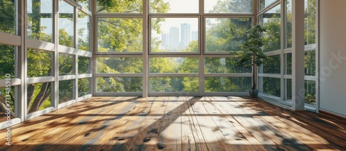 an empty room with wood flooring and two large windows in the photo is taken from inside looking out to outside. Copy space image. Place for adding text or design