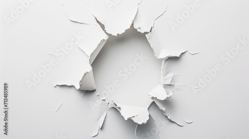 A broken white wall with pieces falling apart, revealing white space behind, cracked hole in the wall