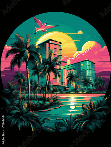 T-shirt design, South Beach Miami flat design, complex, modern created with Generative Ai