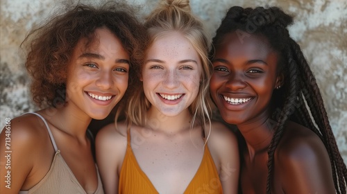 Three diverse female friends smiling together in natural light