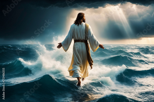 Jesus Christ walking on water, painting, rough waves