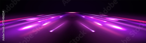 Neon color glowing lines background, high-speed light trails effect. Purple glowing wave swirl, impulse cable lines. Futuristic dynamic motion technology. 