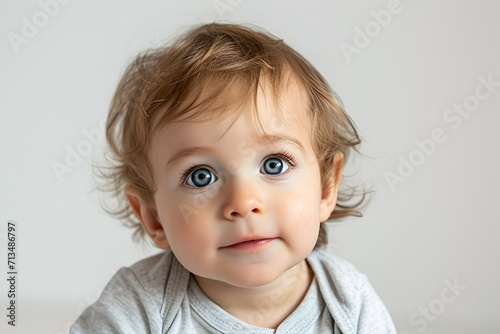 A curly-haired baby of 1-2 years old is sitting on the floor on his knees sideways in a sports plush suit, smiling and looking carefully away. Copy space. Photo.