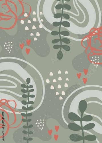 hand drawn boho minimal background, abstract botanical shapes background