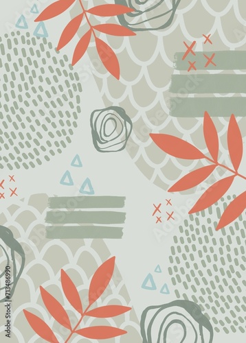hand drawn boho minimal background, pale green abstract  botanical shapes background