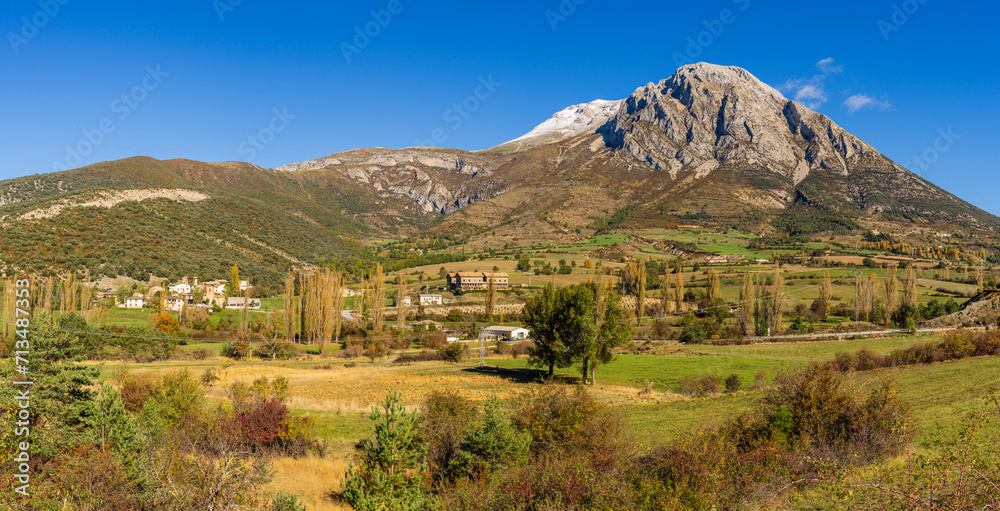 Egea village and Turbon peak, 2,492 m. Huesca province, Spain,
