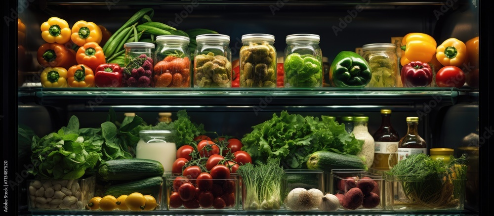 View of various fresh foods in a large refrigerator. modern supermarket background