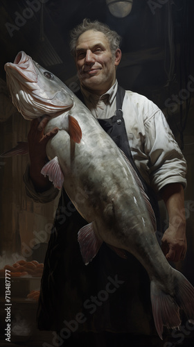 fish monger or fisherman with big screi cod