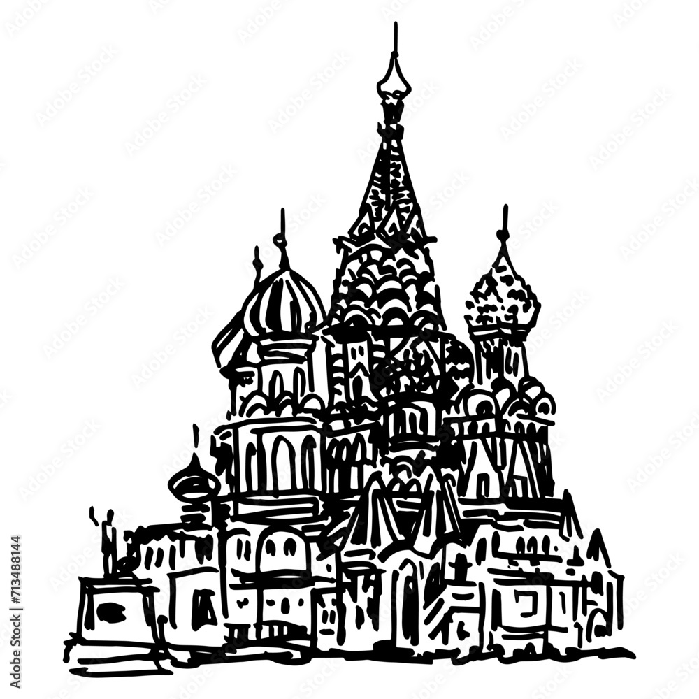Saint Basil's Cathedral in Moscow. The Cathedral of Vasily the Blessed in Red Square. Russian Orthodox temple. Hand drawn linear doodle rough sketch. Black and white silhouette.