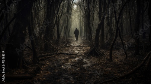 A lone figure in an eerie place. The concept of loneliness. Wandering in the darkness. Concept of supernatural. photo