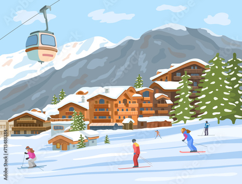 Courchevel in the winter. People are skiing. Ski resort. Vector flat illustration