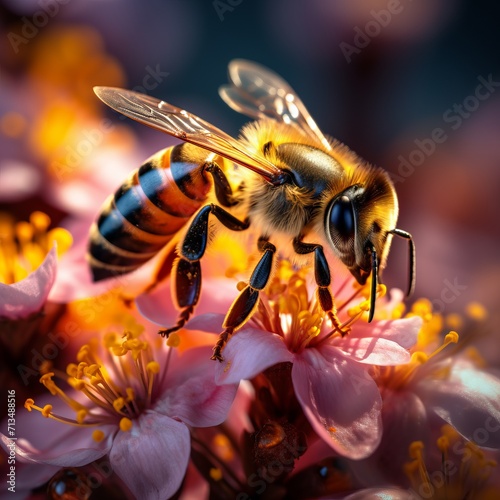 Honeybee pollinating peach blossom. Pollination concept. © Maryna