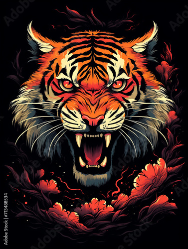 T-shirt design, a striking graphic of a roaring tiger, its stripes transforming into a blazing forest fire created with Generative Ai