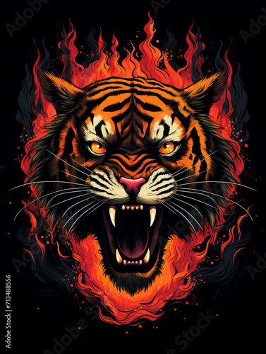 T-shirt design  a striking graphic of a roaring tiger  its stripes transforming into a blazing forest fire created with Generative Ai