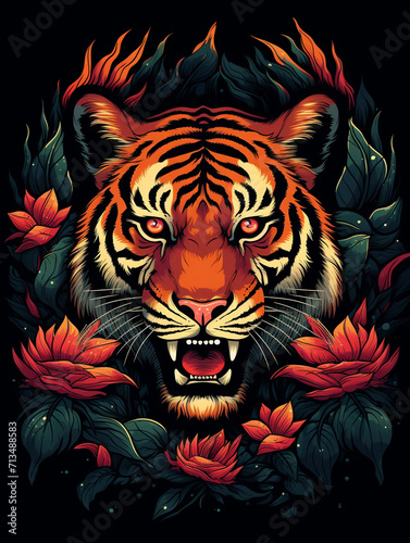 T-shirt design, a striking graphic of a roaring tiger, its stripes transforming into a blazing forest fire created with Generative Ai