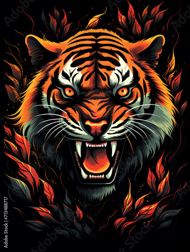 T-shirt design, a striking graphic of a roaring tiger, its stripes transforming into a blazing forest fire created with Generative Ai © Andrii Yablonskyi