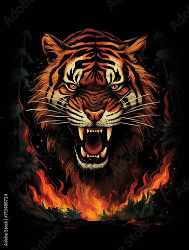 T-shirt design, a striking graphic of a roaring tiger, its stripes transforming into a blazing forest fire created with Generative Ai © Andrii Yablonskyi