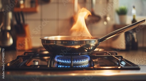 metal shiny frying pan on a gas stove against the background of a blurry image of the kitchen. fire over the frying pan. cooking over a fire, creating a flame
