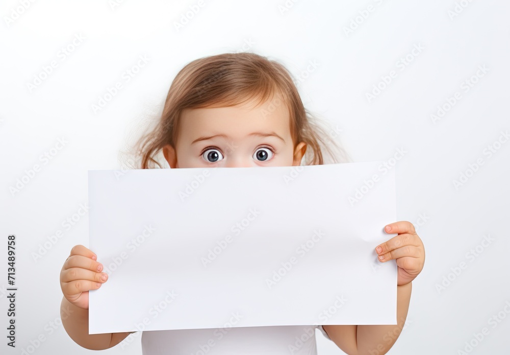 A young beautiful girl holds a blank paper card in front of her on a gray background. Can be used for advertising, marketing, promoting or presentation. A young beautiful girl holds a blank paper card in front of her on a gray background. Can be used for advertising, marketing, promoting or presentation.