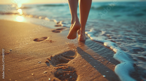 A woman walking barefoot on the sand on the seashore. A sunny summer morning photo