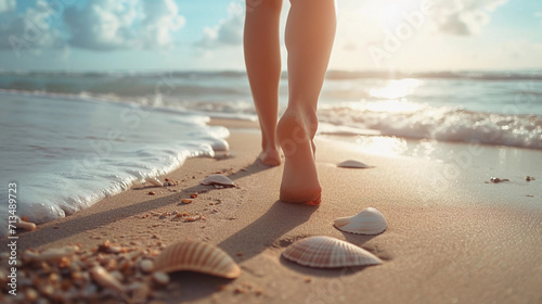 A woman walking barefoot on the sand on the seashore. A sunny summer morning