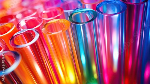 Translucent colored cylinders made of glass or plastic. Laboratory glassware in the form of test tubes. Scientific background. Illustration for banner, poster, cover, brochure or presentation. photo