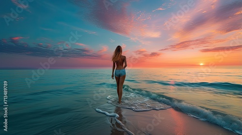 Young girl walking barefoot on the sea coast at sunset. Female figure from the back on the background of sea waves. Illustration for cover, card, postcard, interior design, decor or print.
