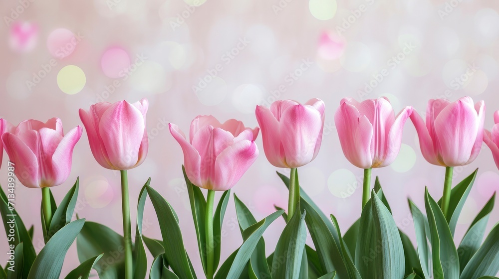 A row of delicate pink tulips with soft petals and vibrant green stems and leaves arranged at the bottom of the frame against a pastel bokeh background A row of delicate pink tulips with soft petals and vibrant green stems and leaves arranged at the bottom of the frame against a pastel bokeh background