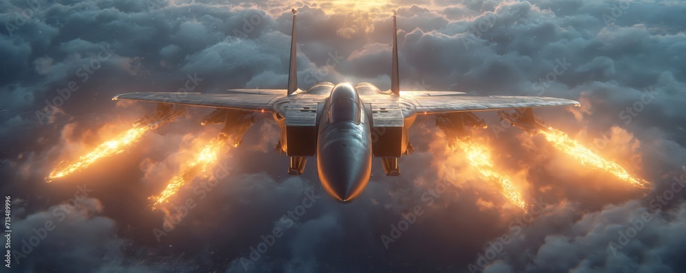 jet aircraft flying in the air and looking for a target. soldiers ready with their weapons. created by ai - obrazy, fototapety, plakaty 