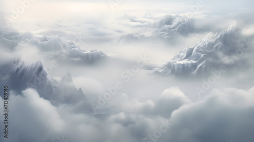 Wonderful minimalist landscape with mountain top above dense low clouds. mountain vertex floats in thick clouds. scenic minimalism with mountain peak above cloudy sky. beautiful summit in cloudiness
 photo