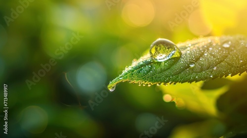 A photorealistic close up of a dewdrop on the edge of a vibrant green leaf, reflecting the morning sunlight