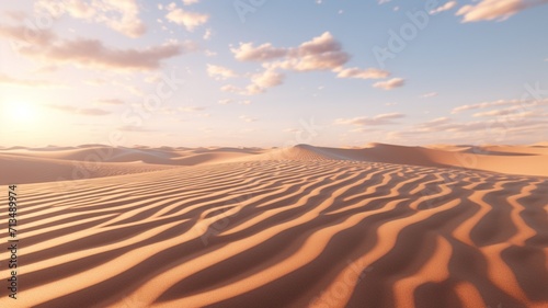 Dunes sculpted by the wind, casting shadows as the sun dips low on the horizon -Generative Ai