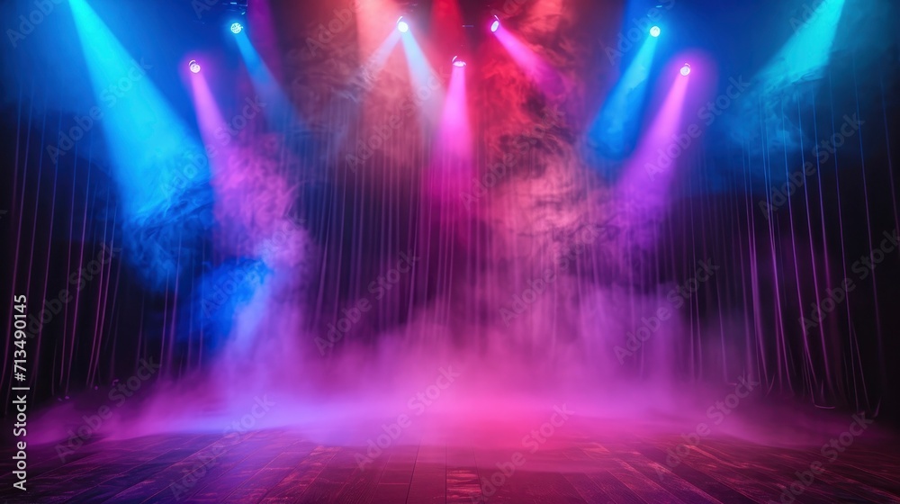 big stage with stage lights, realistic, and curtain, colourful fog