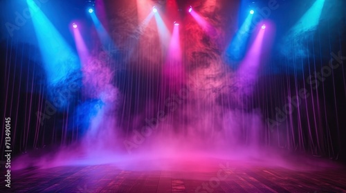 big stage with stage lights, realistic, and curtain, colourful fog