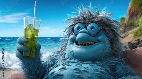 Monster smiling happily, drinking a cocktail and relaxing on the beach. Mutant relaxing in a chaise lounge on a sunny summer day. Summer tourism concept. Fairy-tale character. Illustration for design. photo