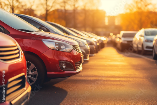 Car parked at outdoor parking lot. Used car for sale and rental service. Car insurance background. Automobile parking area. Car dealership and dealer agent concept. Automotive industry