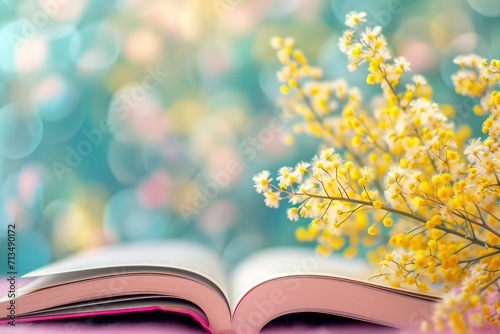 Book and mimosa flower in bokeh background © MdKamrul