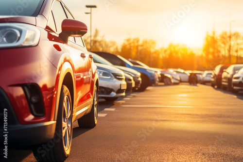 Car parked at outdoor parking lot. Used car for sale and rental service. Car insurance background. Automobile parking area. Car dealership and dealer agent concept. Automotive industry © ERiK