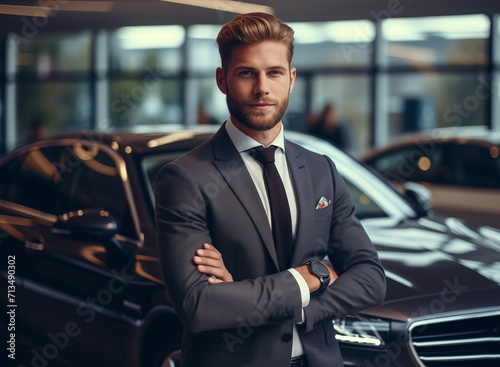 Professional luxury car salesman in luxury showroom. salesman in showroom. Expensive car. Car dealer business. Automotive industry. Luxury car agent. Auto dealership office. © ERiK