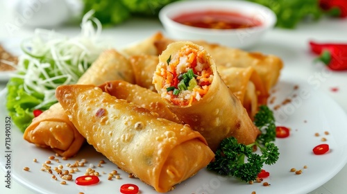 crab cake egg rolls festive christmas or easter appetizer with tomato sauce or ketchup