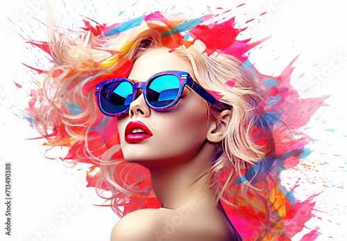 Beautiful young woman in sunglasses. Fashionable image of the model. The female image is drawn. Illustration for poster, cover, brochure, card, postcard, interior design or print.