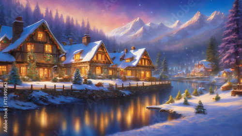 charming fairy tale village, snow-covered decorated Christmas trees, warm inviting cabin, ultra sharp digital oil painting, snowflakes, mountains with waterfall, soft light far-away full moon, glitter © Muhammad