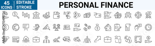 Personal Finance line web icons Money and Coins. Cash, Credit Cards, Money Bag, Containing banking, Investment, income, accounting, money, loan. Editable stroke. photo