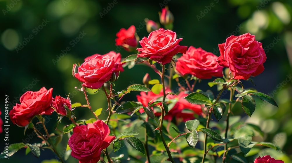Red roses bloom in the summer in the country garden