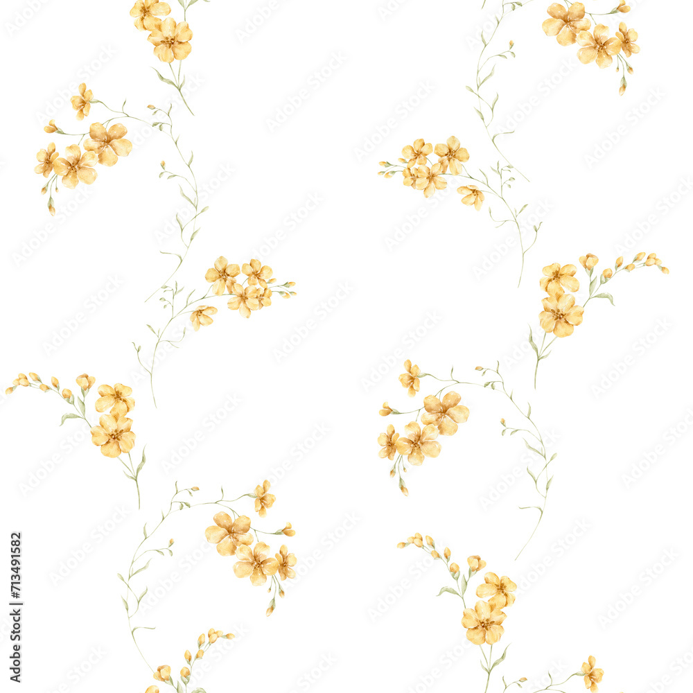 Watercolor floral seamless pattern on white background. Cute hand painted wildflowers. Botanical print. Floral background for wallpaper, paper, textile, package 