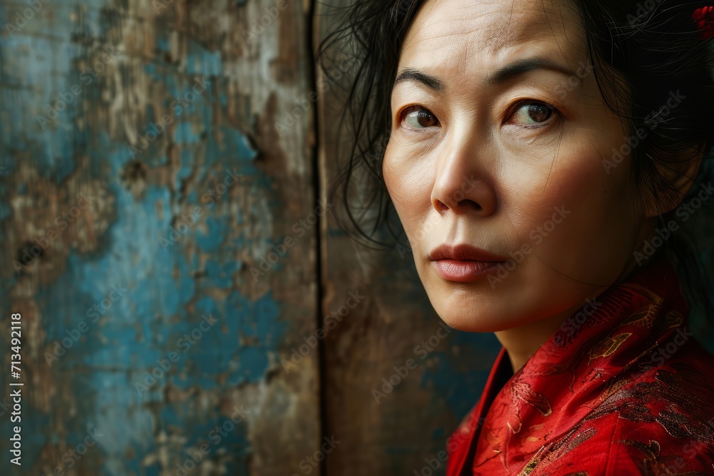 Chinese woman in national clothes portrait close up from history of China realistic detailed photography texture. Chinese woman. Horizontal format