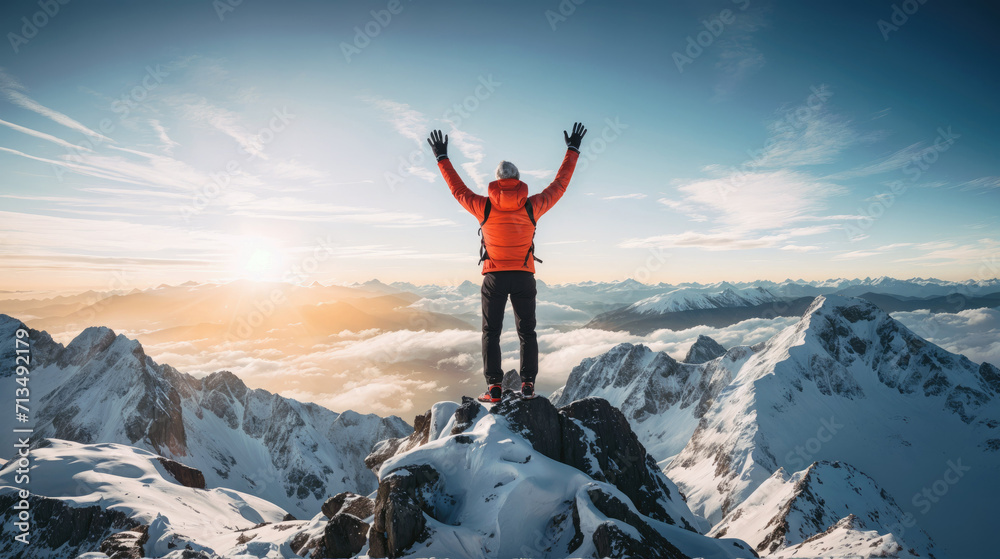 Exhilarated climber celebrates atop a snow-capped peak, greeting the sunrise that blankets a rugged mountain landscape in golden light.