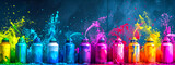 A dynamic explosion of neon-colored spray paint from cans against a dark background, creating a vivid and energetic artistic display