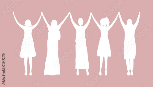 Women holding hands. White silhouettes of women on pink background. Women's community. Female solidarity. International Women's Day concept. Silhouettes of Women of different races. Vector