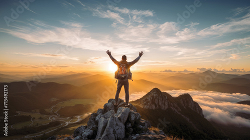 Triumphant hiker with arms raised stands atop a mountain  basking in the breathtaking sunrise above a sea of clouds.